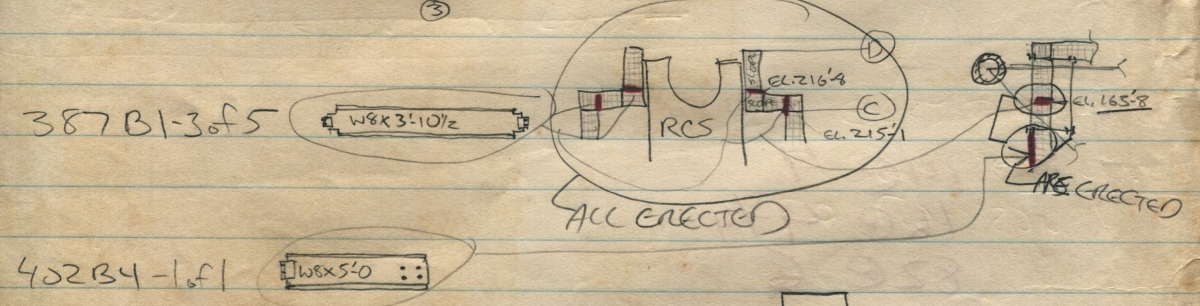 Sheffield Steel field verification sketch by James MacLaren, RSS Various steel members zoomed-in crop, 387B1, 3 of 5, four at elevation 215’-1” and one at elevation 163’-8”, plus 402B4, elevation 163’-8”.